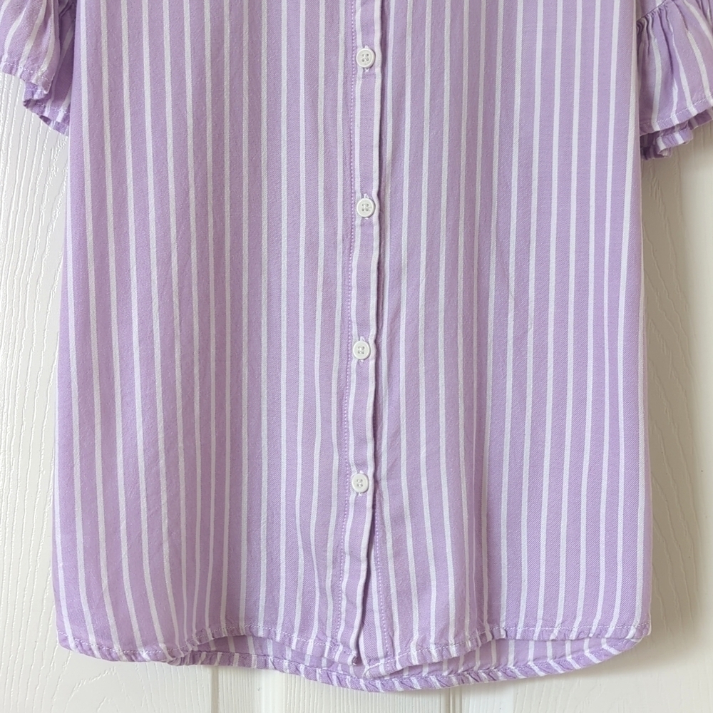 Beach Lunch Lounge Striped Ruffled Short Sleeve Button Down Blouse Purple XS - Picture 7 of 10